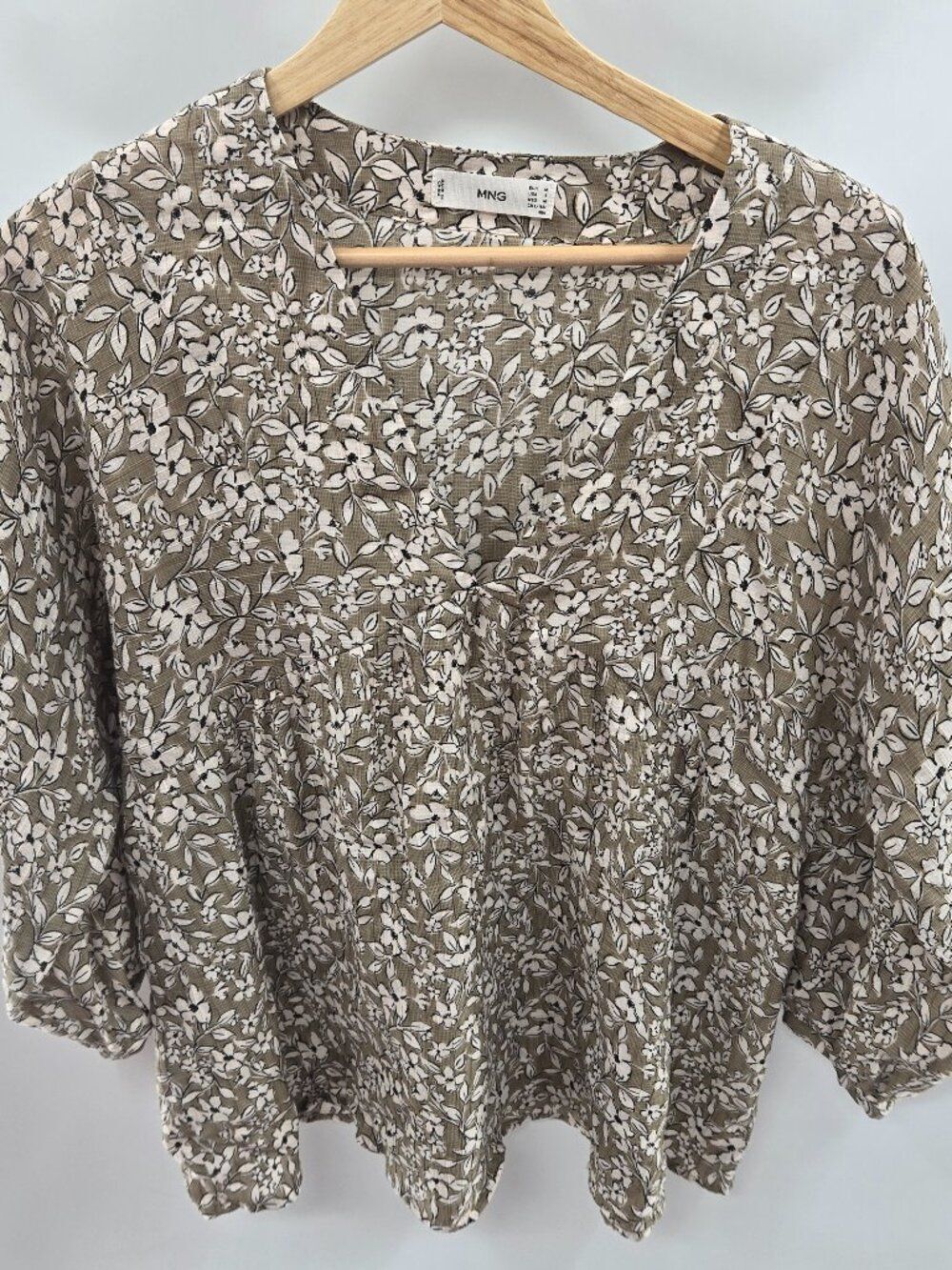 MNG Mango Floral Print Boho Peasant Pullover 3/4 Sleeves Blouse Small